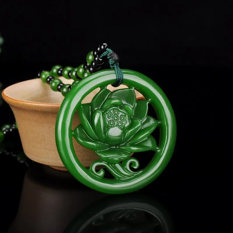 

Natural Green Hand Carved Hollow Lotus Jade Pendant Fashion Jewelry Men's and Women's Necklaces