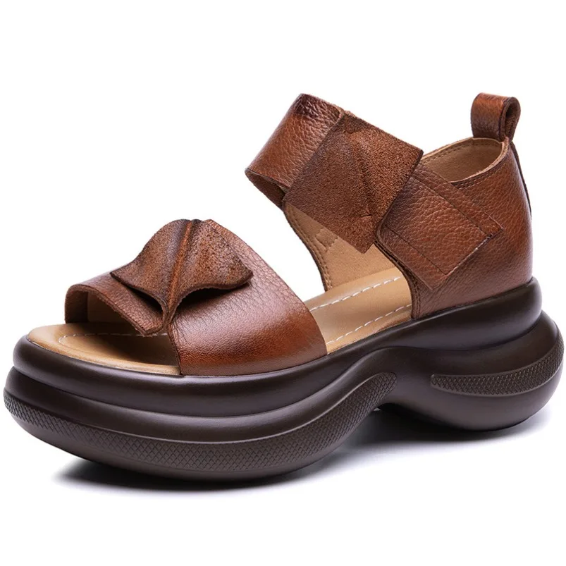 

Fujin 6.5cm Cow Genuine Leather Platform Wedge Booties Sandals Boots Summer Hollow Pumps Peep Toe Flats Women Mary Jane Shoes