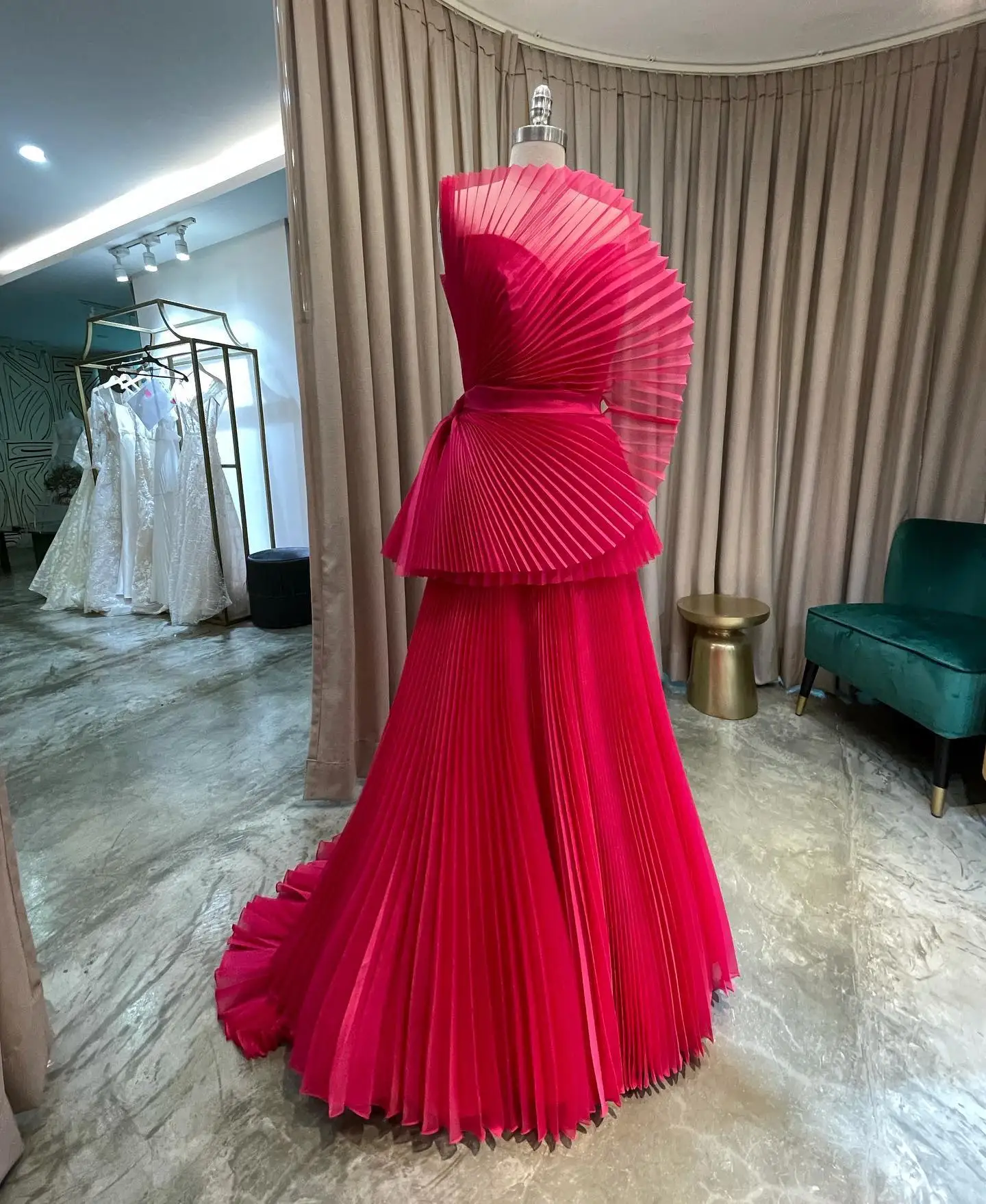 Real Image Fuchsia Pleated Long Formal Party Dresses Strapless A-line Folds Women Wedding Party Dress Maxi Gowns