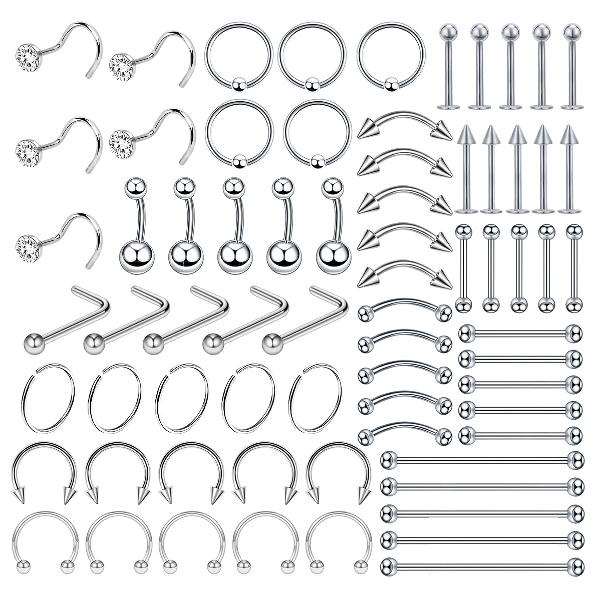 70pc Surgical Steel Body Piercing Jewelry Lot Bulk Nose Ring Tongue Bar Lot Eyebrow Labret Piercing Set Horseshoe Ring Lot Pack