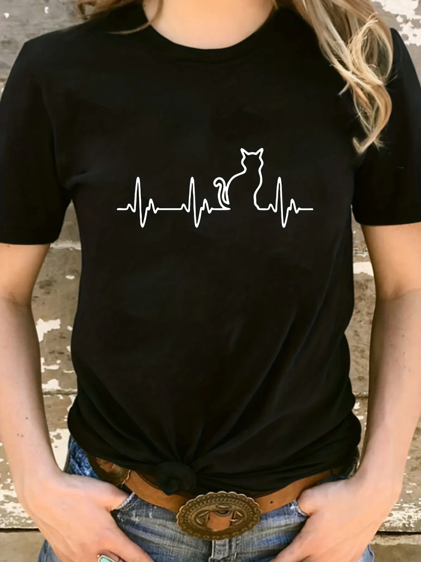 

Heartbeat Cat Print Crew Neck T-Shirt, Casual Short Sleeve Summer Top, Women's Clothing