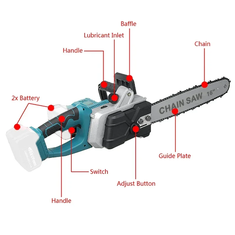16 Inch 2500w Cordless Electric Chainsaw Handheld Electric Chainsaw for Landscaping and Tree Felling for Makita 18v Battery Pin