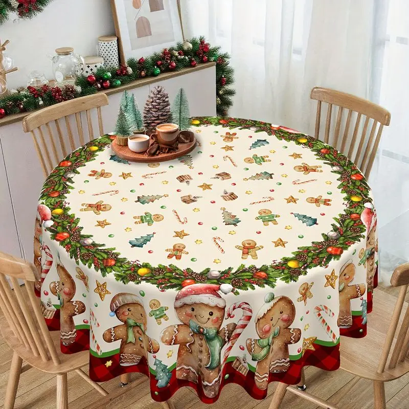VIKAMA Gingerbread Man Round Table Cover Cream Farmhouse Candy Cane Xmas Tree Holly Wreath Red Plaid Christmas Tablecloth Decor