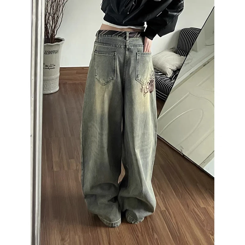 ZHIZOU Women Baggy Blue Cargo Jeans Embroidery Y2k Japanese Streetwear Cyber Punk Denim Pants Wide Fit Harajuku Cowboy 2000s New