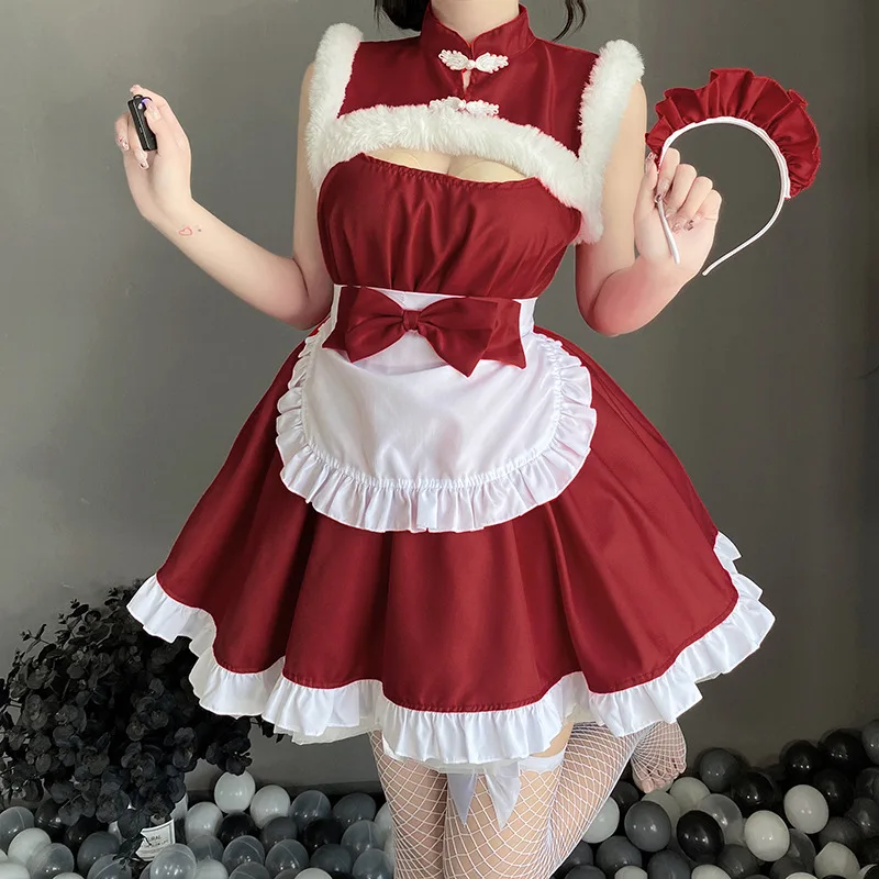 

Women Halloween Christmas Maid Outfit Stage Cosplay Costume Girl Cute Playful Sexy Hollow Chinese Cheongsam Lolita Dress Apron