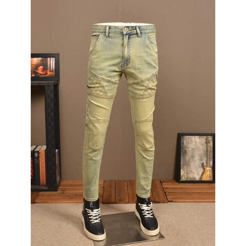 New Men'S Jeans Retro Splicing Fashion Brand Stretch Men'S Pants Slim Straight Leg Nostalgia Blue Biker Denim Pants
