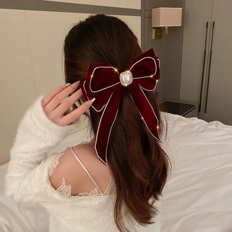 Velvet Inlaid Rhinestone Pearl Bow Hair Clip for Women Korean Fashion Exaggerated Hair Claws Exaggerated Hair Accessories