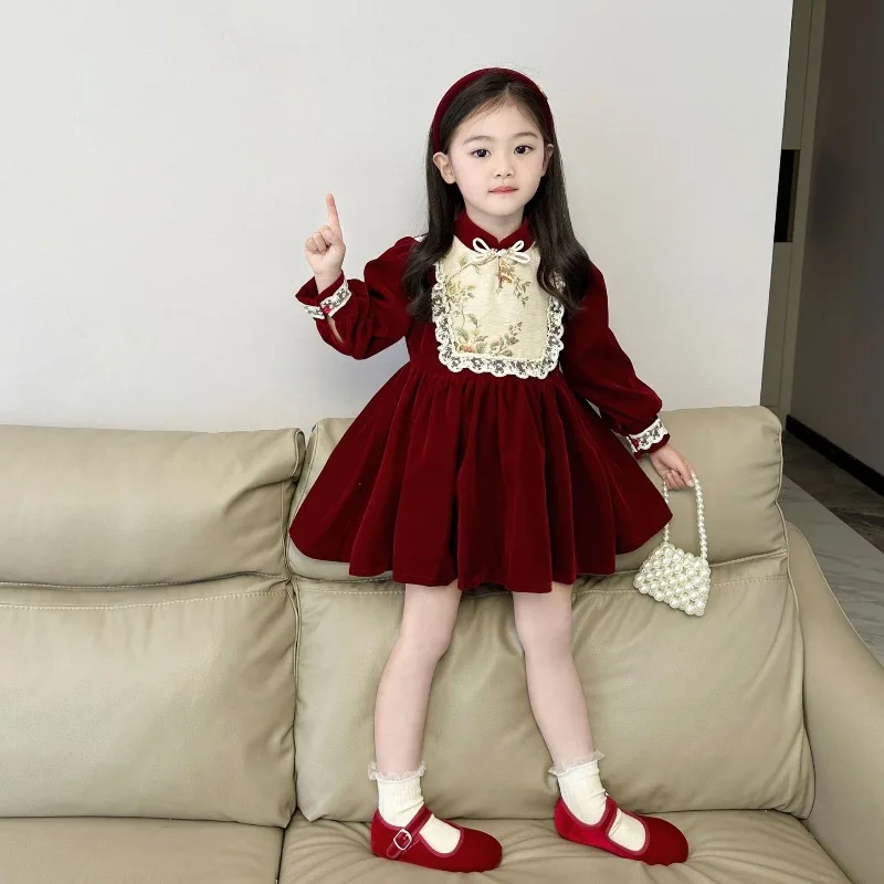 

Красное бархатное платье с цветочным принтом для девочек, новое зимнее пасторальное бархатное платье для девочек, новогоднее платье