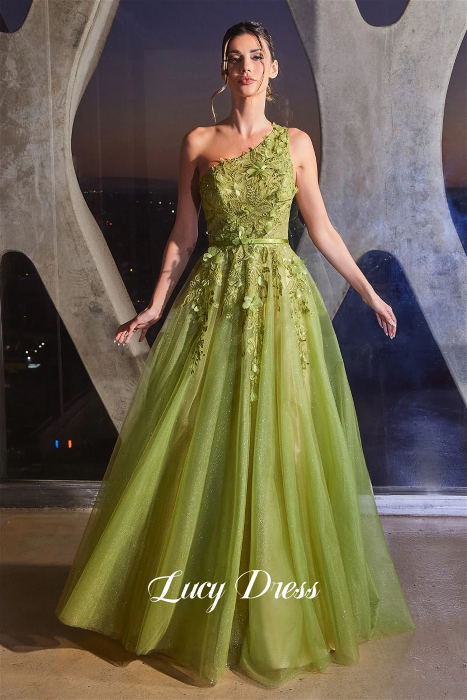 

Lucy Wedding Party Eid Al-fitr 3D Decals Graduation Gown Line A Mesh Green Saudi Evening Dresses 2024 Prom Dress Women Formal