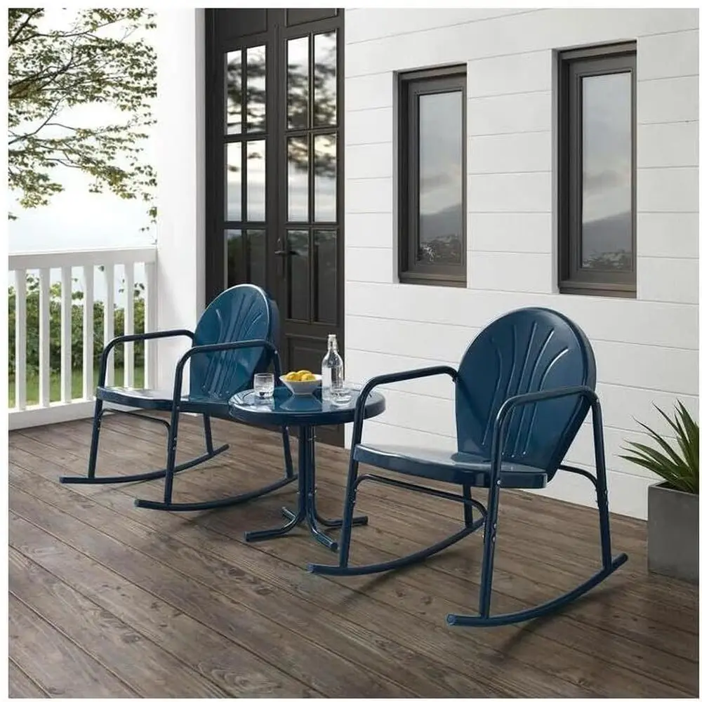 

3-Piece Retro Outdoor Seating Set with Side Table and Rocking Chairs, Navy Gloss, 33.13 x 79 x 32.25