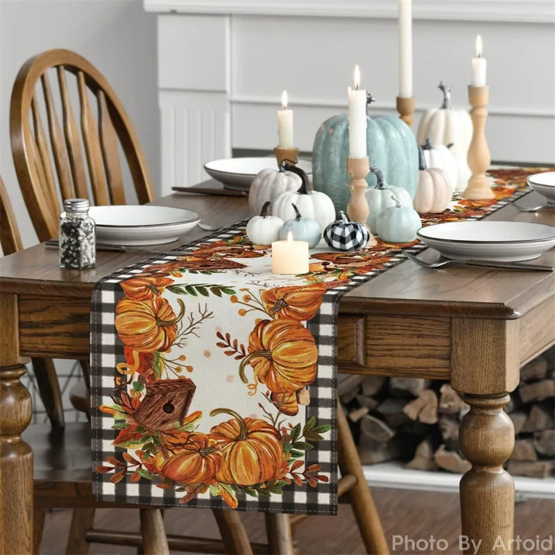 Fall Thanksgiving Pumpkin Maple Leaf Linen Table Runners Kitchen Table Decor Farmhouse Table Runner for Dining Table Party Decor