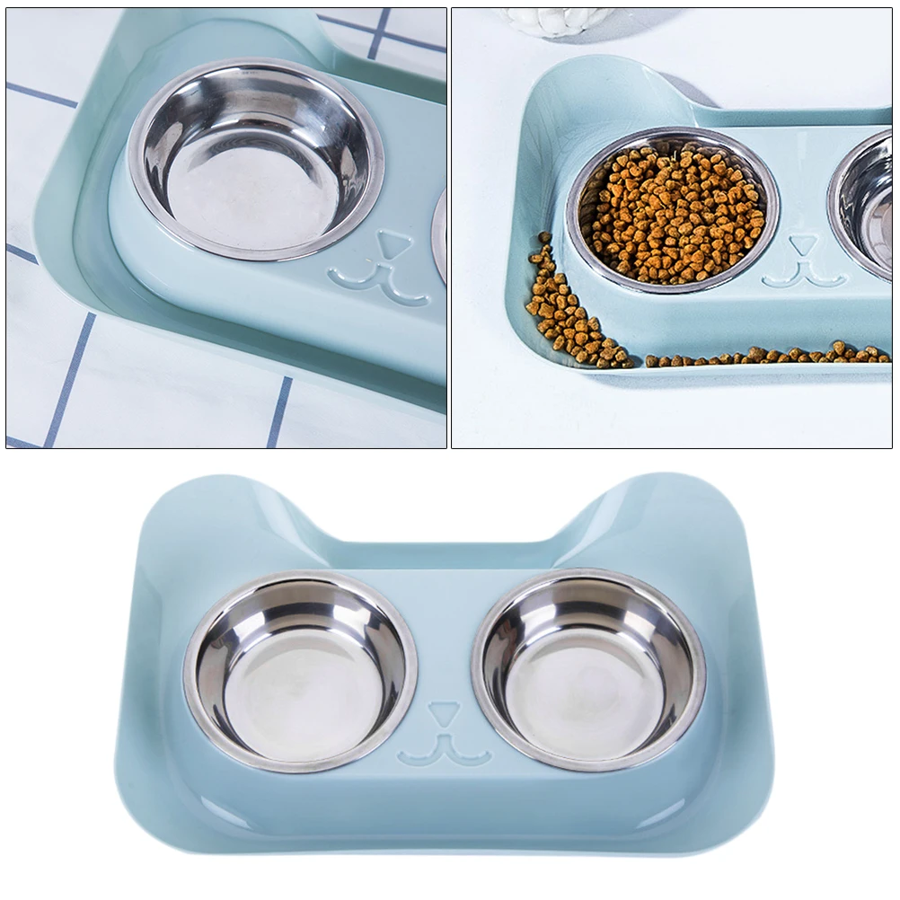 

Stainless Steel Cat Feeding Bowl 31X21.5X5.5Cm Smart Design Easy Clean Pet Bowl For Cats Small Dogs Double Tray Set Blue