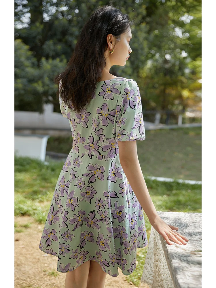 ZIQIAO 2022 Summer New French Square Neck Floral Dress Women Waist Art High-end Tea Break Elegant Vintage Mini Skirts Female