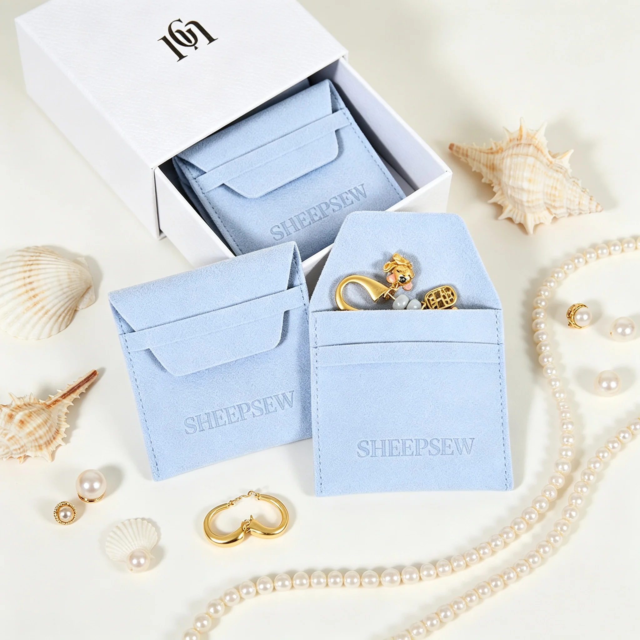 SHEEPSEW Wholesale 8*8cm Small Microfiber Envelope Jewelry Pouches Custom Embossing Logo Bulk Gift Packaging For Bracelets Neckl