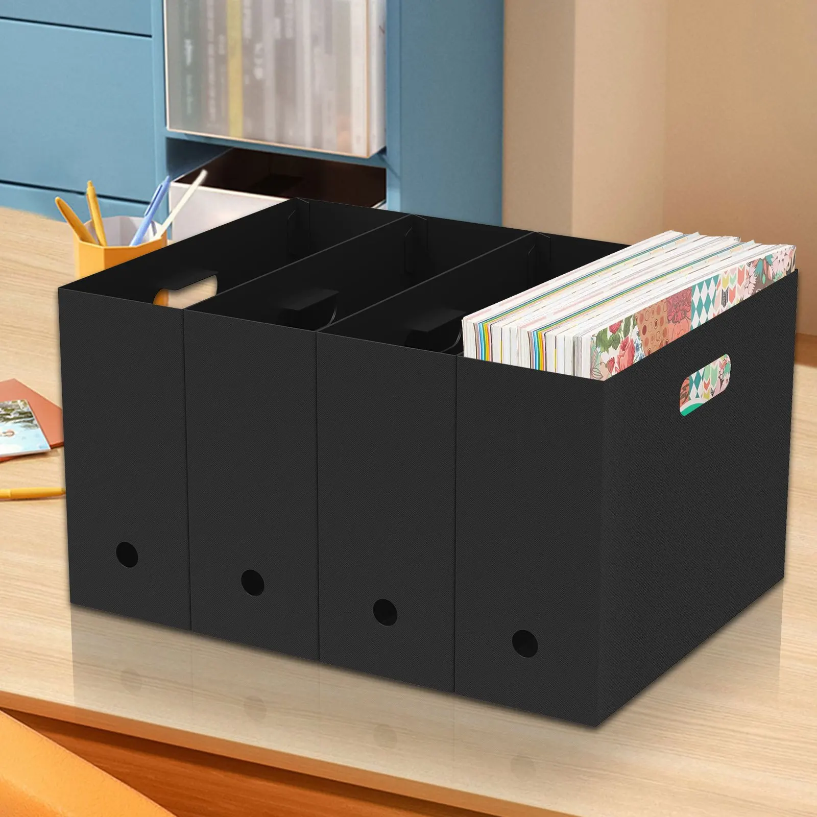 4pcs Paper Organizers with Handles - Compartment File Holders, Foldable Portable Storage Bins for Documents, Books, Scrapbooking