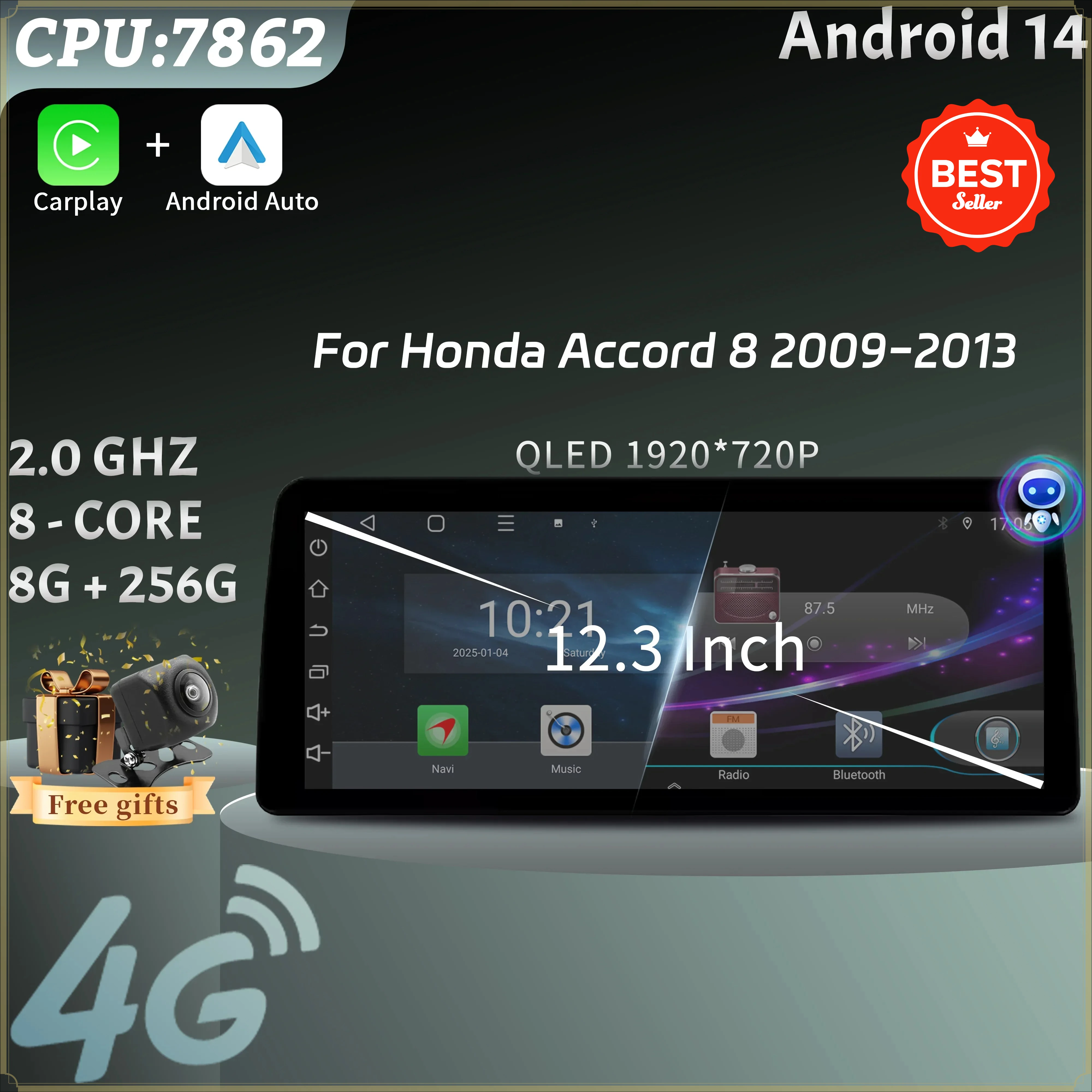 12.3inch Car Radio Multimedia Navigation Wireless Bluetooth CarPlay 4G GPS Screen Head Unit Stereo For Honda Accord 8 2009-2013