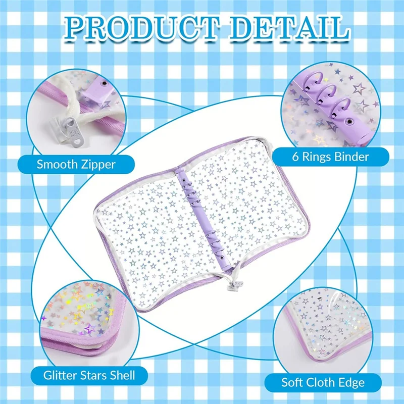 A19E-A5 Budget Binder Cover With Zipper, Glitter Stars A5 6 Ring Binder Planner, Clear PVC Refillable Notebook Shell