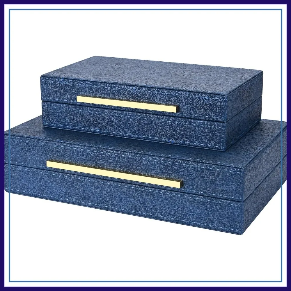 

Set of 2 Faux Leather Nesting Decorative Boxes with Lids, Stacking Storage for Jewelry, Modern Home Decor, Navy Blue
