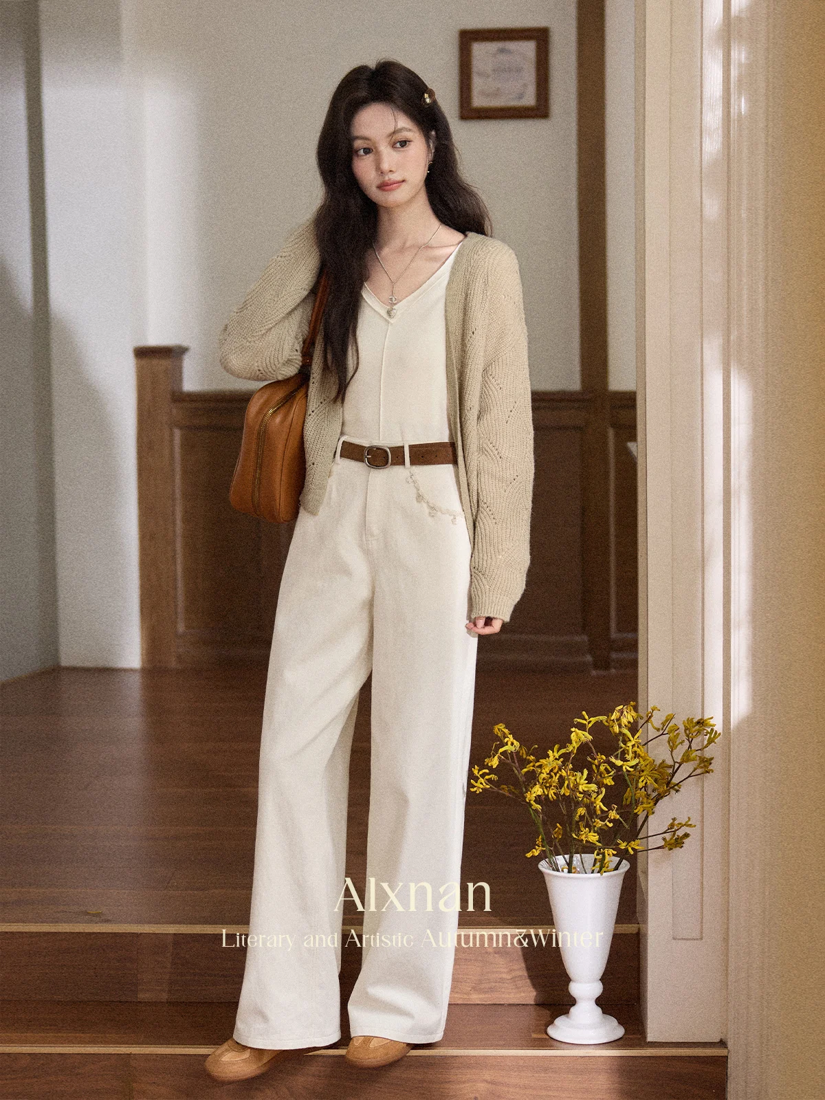 ALXNAN Women Pants Loose Wide Leg Straight Trousers Cotton 100% Casual Elegant Beige High Waist Comfy Chic Baggy Pants L56962