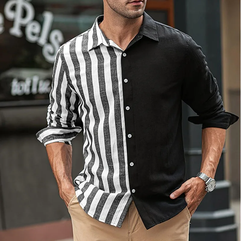 European and American new striped shirt trend 3D digital loose daily basic men\'s long sleeves