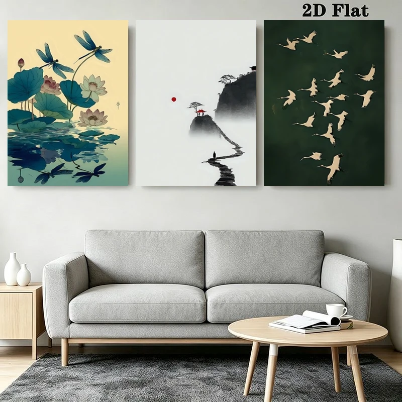 2D Flat, 2D Flat, 3pcs Chinese Ink Wash Wall Art, Lotus Pond Dragonfly, Mountain Pavilion, Birds Returning Home less Print Se