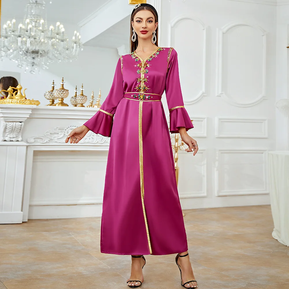 

Muslim Party Dress Women Luxury Diamonds Abayas Belted Kaftan Split Hem Loose Eid Evening Abaya Femme Islam Dubai Robe Djellaba