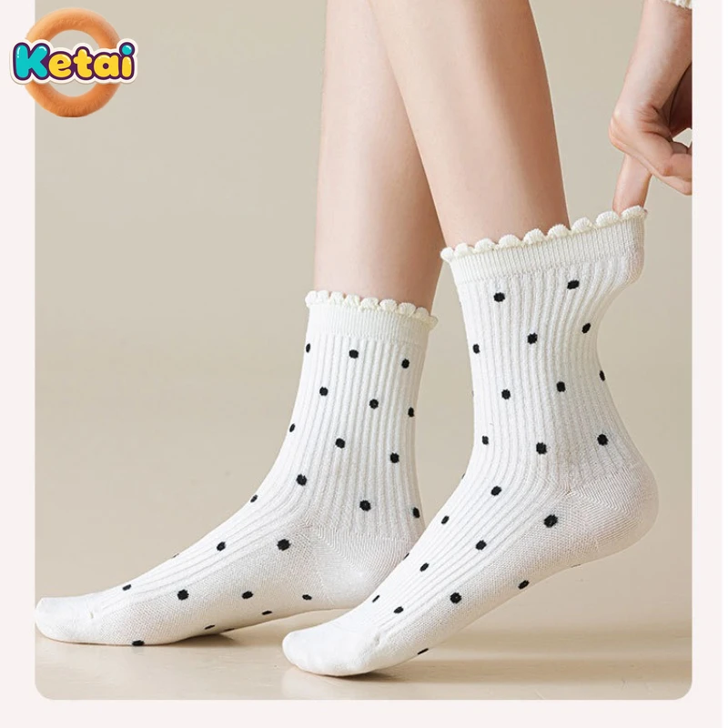 

Lace Socks, Children's Long Socks, Polka Dot, Black Fungus Edge Cotton Socks, Autumn and Winter Sports Versatile Mid Tube Socks