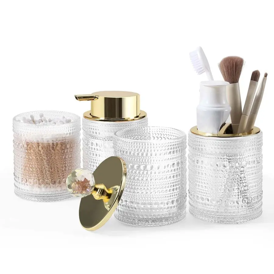 

Набор аксессуаров для ванной комнаты, 4 предмета: стеклянный набор для ванной с дозатором для пены, держателем для зубных щеток, стаканом для ванной и ватным тампоном.