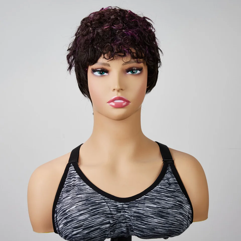 Peruca curta onda profunda com Franja para mulheres, cabelo humano encaracolado, rosa, afro