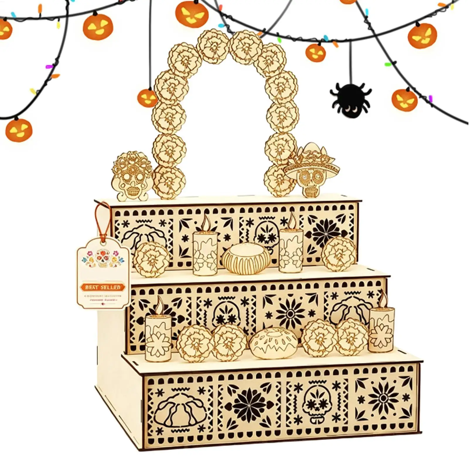 Unique Mexican Wooden 3-Tier Altar Box, Day of The Dead Ofrenda Shadow Box for Memorial Display in Church Living Room Decoration