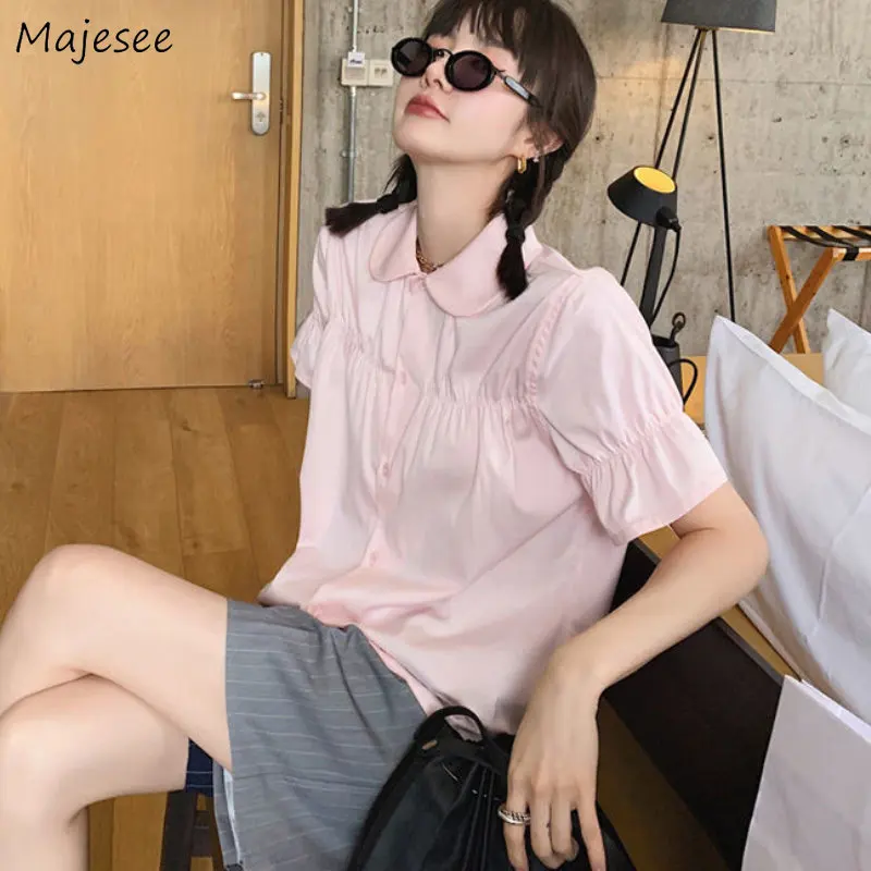 

Shirts Women Summer Solid Retro Design Korean Style Peter Pan Collar Students Cozy Popular Stylish Newly Hot Sale Casual Simple