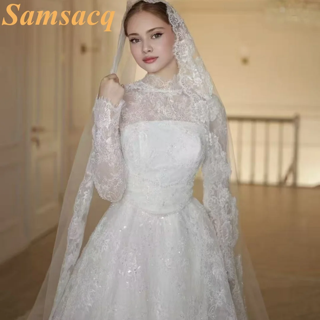 Custom Wedding Dress, Elegant High Neck Long Sleeve Lace Bridal Gown, A-Line Wedding Dress with Train, Customizable Dresses for