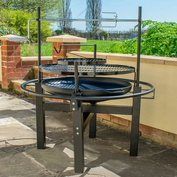 

Multifunctional Steel Fire Pit Rotisserie Chicken BBQ Features Charcoal BBQ Grill Porcelain Enamel Cooking Grid & Warming Grid