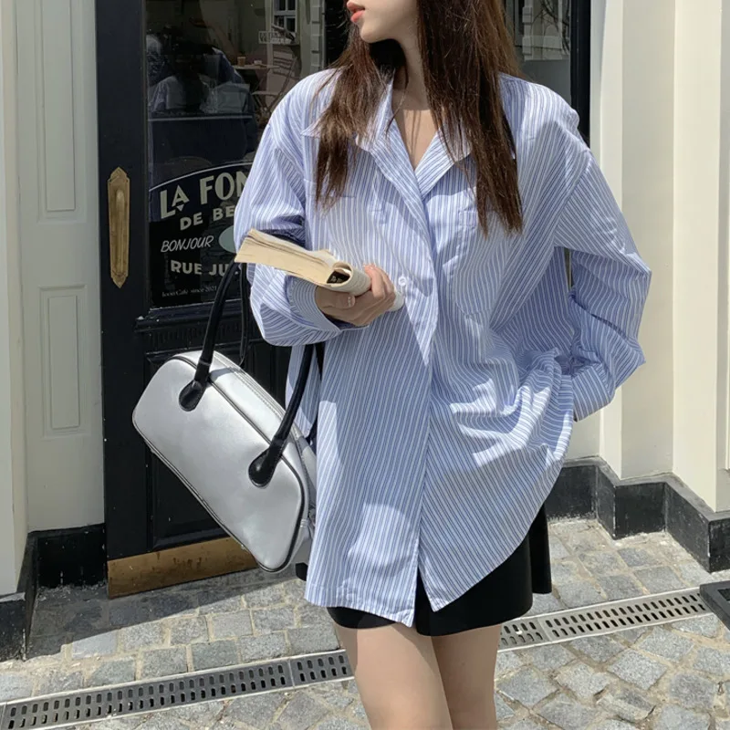 

Spring Oversize Mid-length Shirts Korean Casual Lazy Style Loose Double Pocket Long Shirt Blouses Women Single Button BF Tops