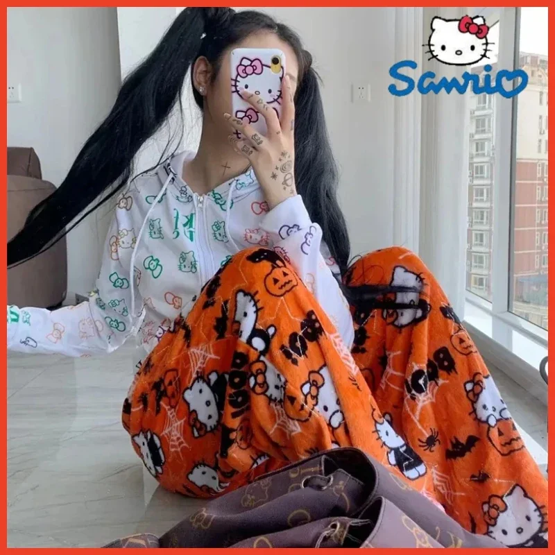 2024 New Sanrio Hello Kitty Pajamas Halloween Flannel Fashion Trouserswomen Kawaii Woolen Anime Cartoon Casual Home Pants Autumn