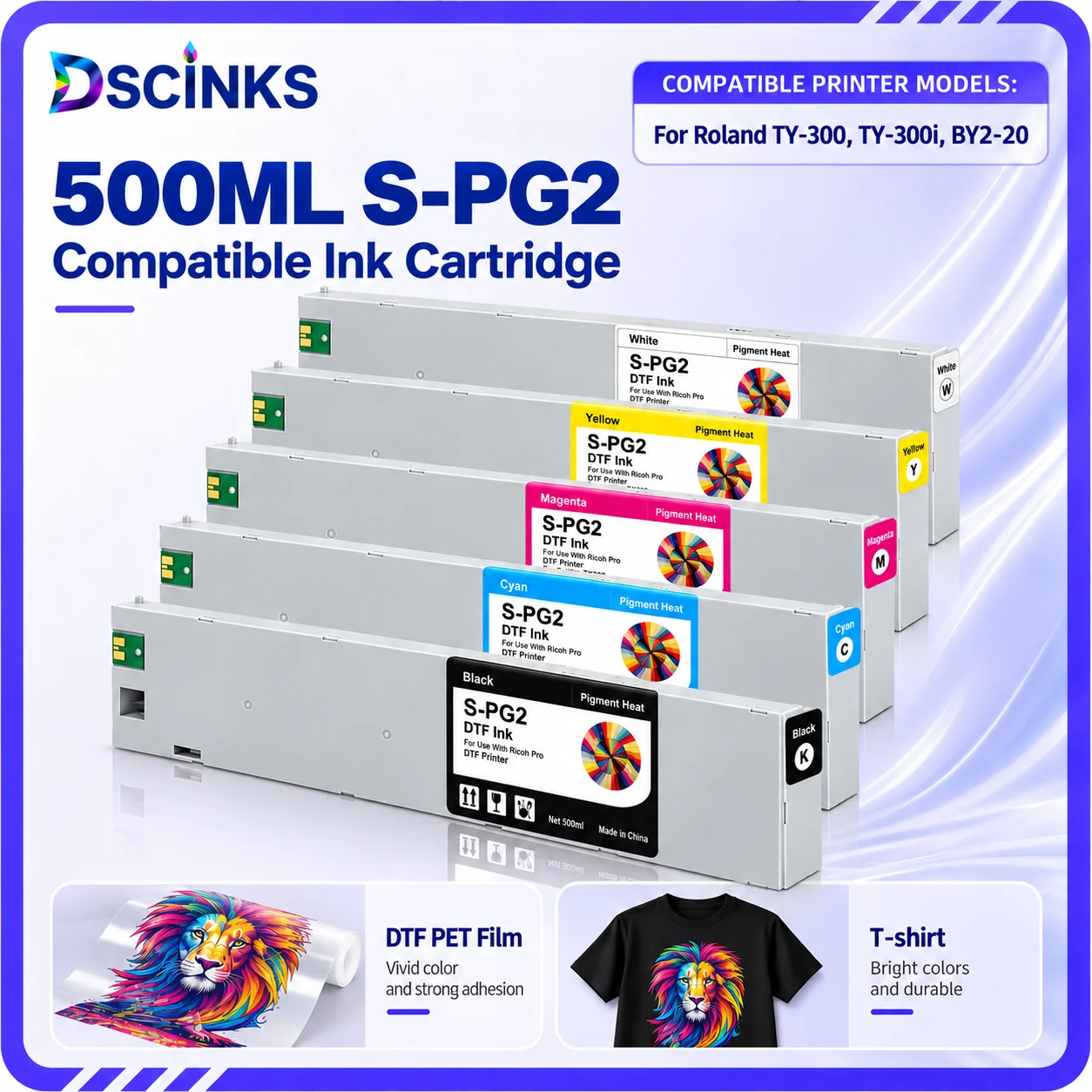 For Roland S‑PG2 Compatible Ink Cartridge 500ML DTF Ink With One‑Time Chip For Roland TY‑300 TY‑300i BY2‑20 DTF Printer