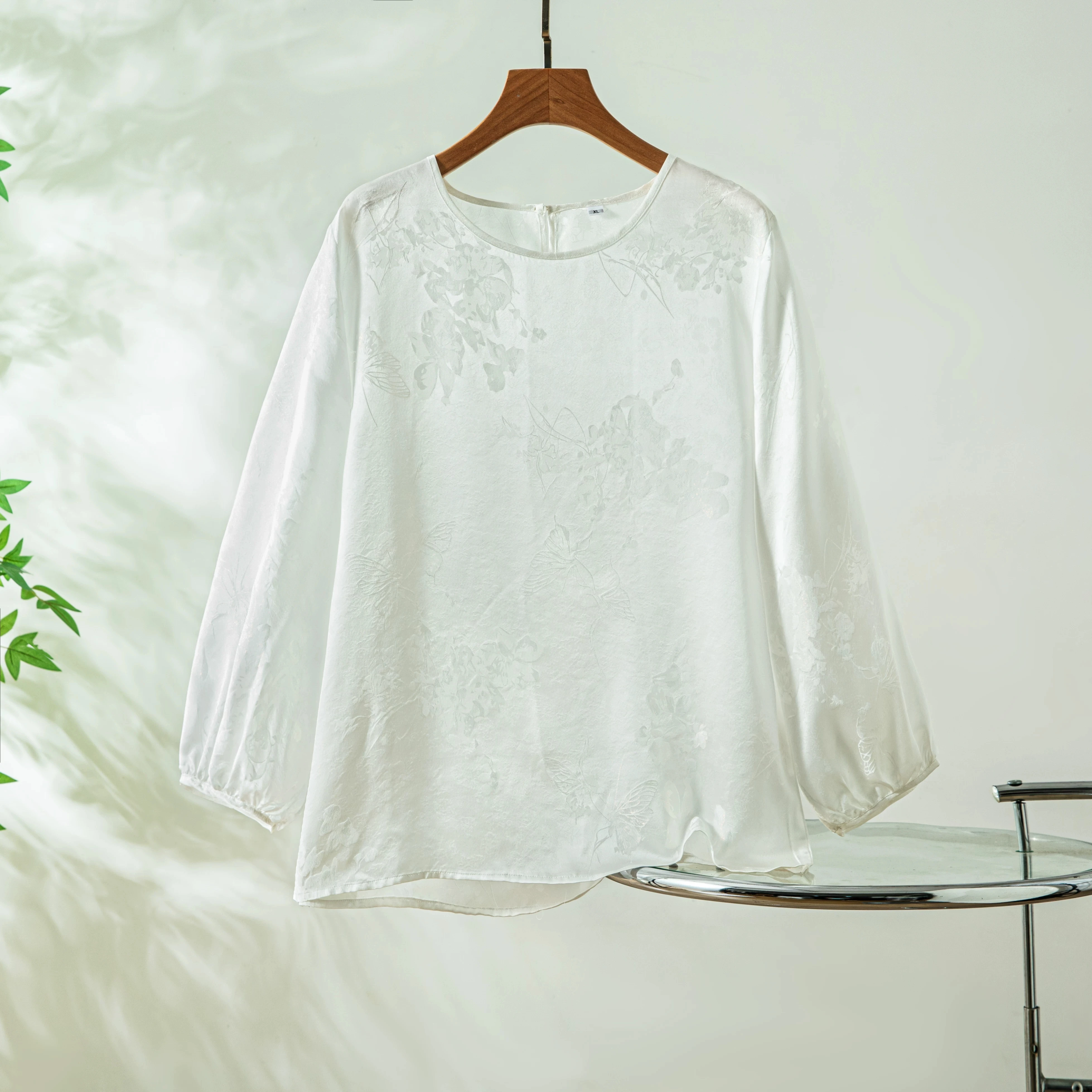 Winsleter-100%Real Silk Elegant T-Shirt, Long Sleeve Jacquard Satin, Women Skin-friendly Commute Loose Top, 2026 Summer T64067CC