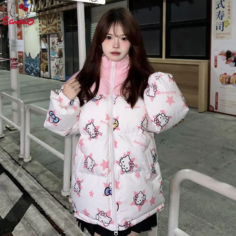 

Cute Hello Kitty Cotton Coat Women's Winter Warm Printed Bread Jacket Kawaii Sanrio Winter Thick Loose Coat Cotton Jacket Gift