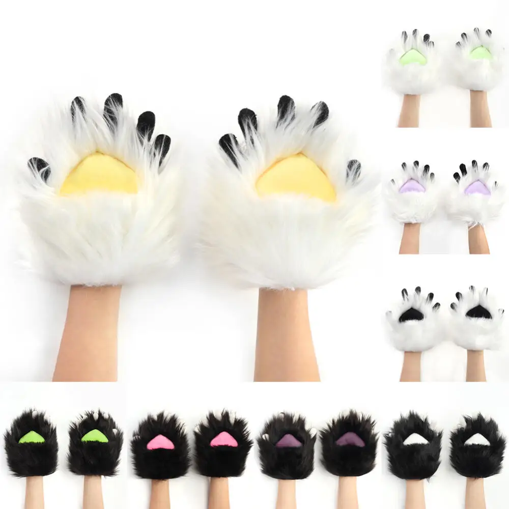 Furry Cat Girl Gloves with Semi-Revealed Claws and Separate Fingers Halloween Cosplay Anime Conventions Multies Colors