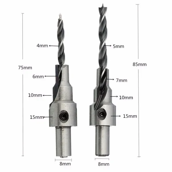 2pc Countersink Drilling 3 Steps Pilot Drill Bits Set Reamer Screw Wood Window Hinge Hole Saw Chamfer 4 6 5 7mm steps 8mm Shank