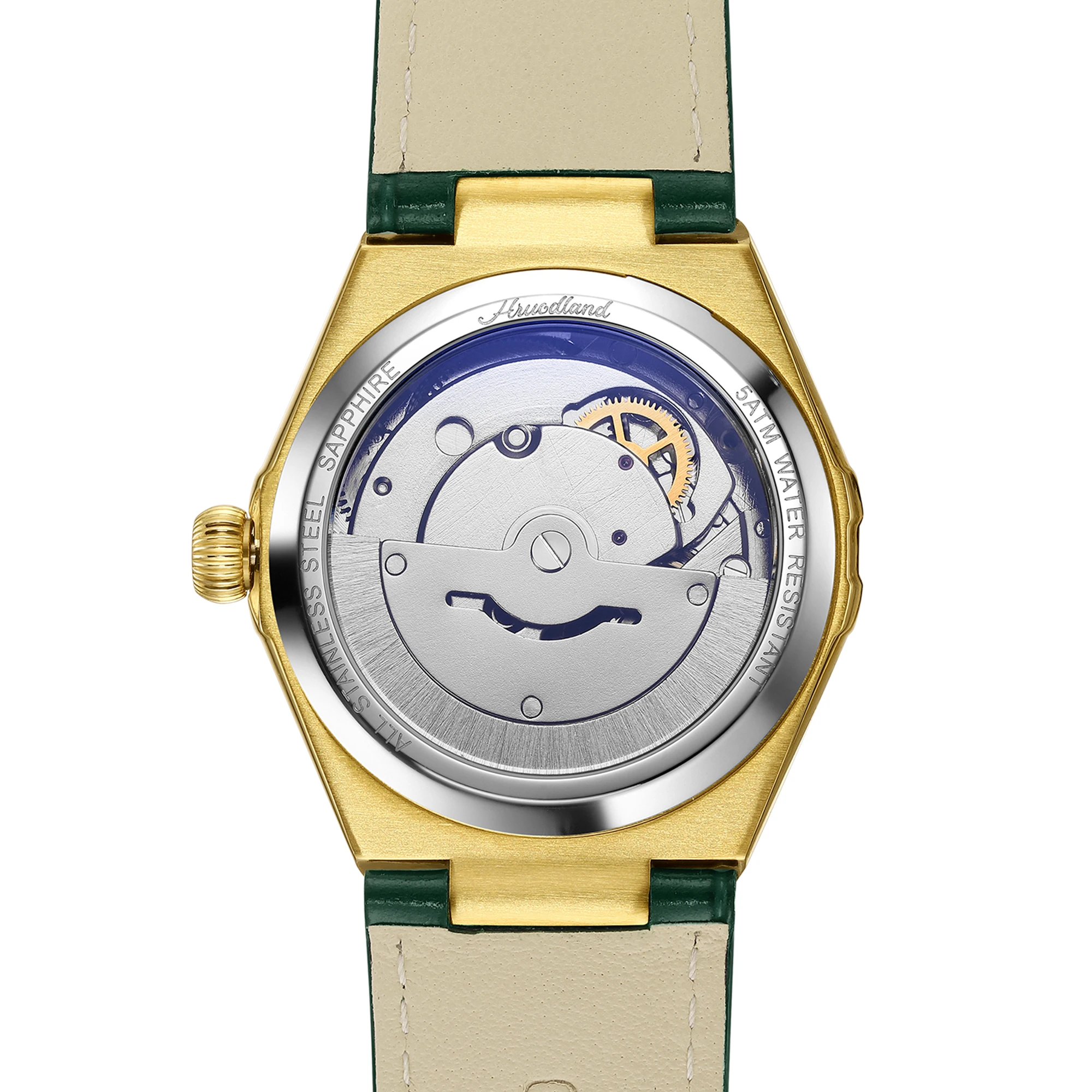 HRUODLAND Luxury Women's Automatic Watch Sapphire Crystal Moon Phase Calendar Diamond-set Bezel Leather Strap 5ATM Elegant Gift