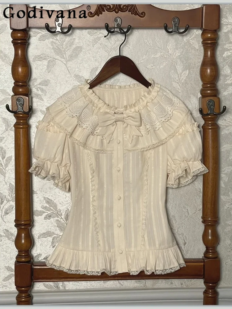Elegant Lolita Short Sleeve Sweet Versatile Summer Vintage Gorgeous Shirt Girls New Crew Neck Lace Up Solid Color Princess Top