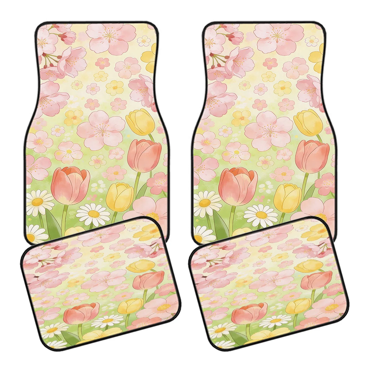 4pcs Car Floor Mats, Featuring A Unique And Design, Suitable For All Seasons. Comes With A Variety Of Colorful Floral Design P