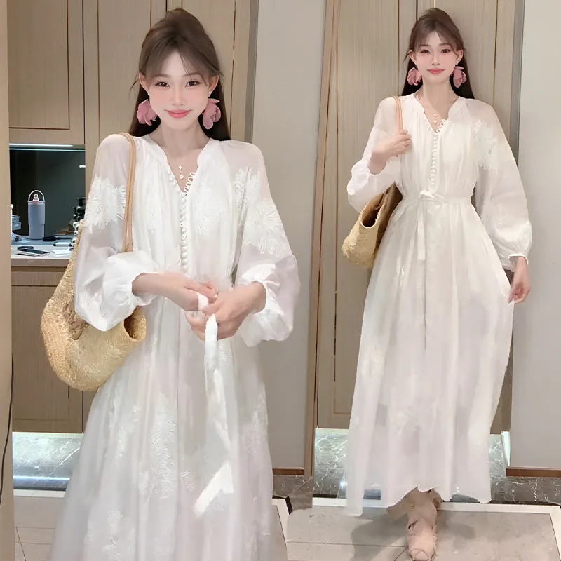 

French Elegance Embroidered Tencel Long Sleeve Dress Spring Autumn Loose Chiffon Maxi Dress Stunning Boho Chic Style Flowy