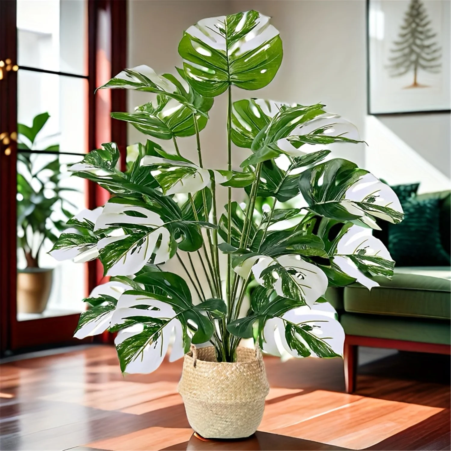 リアルな人工モンステラ植物、白い縞模様の葉付き - 屋内/屋 - Fiddle Leaf Fig のレビューと価格
