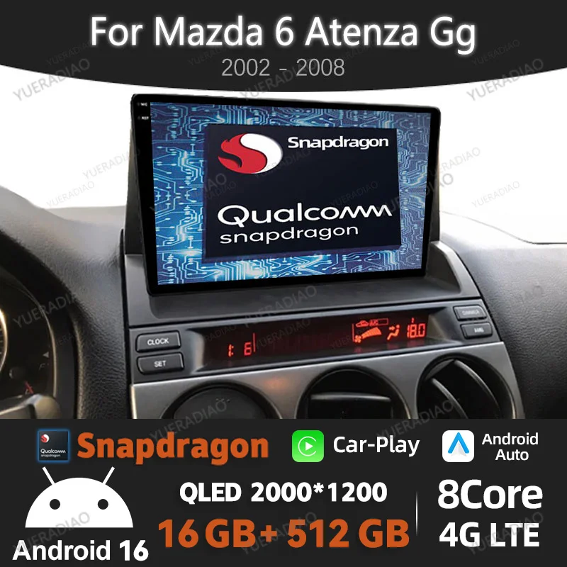 Android 16 Autoradio für Mazda 6 Atenza GG 2002 - 2008 Head Unit Qualcomm BT GPS NAVI Multimedia Videoplayer QLED 2DIN 4G WIFI