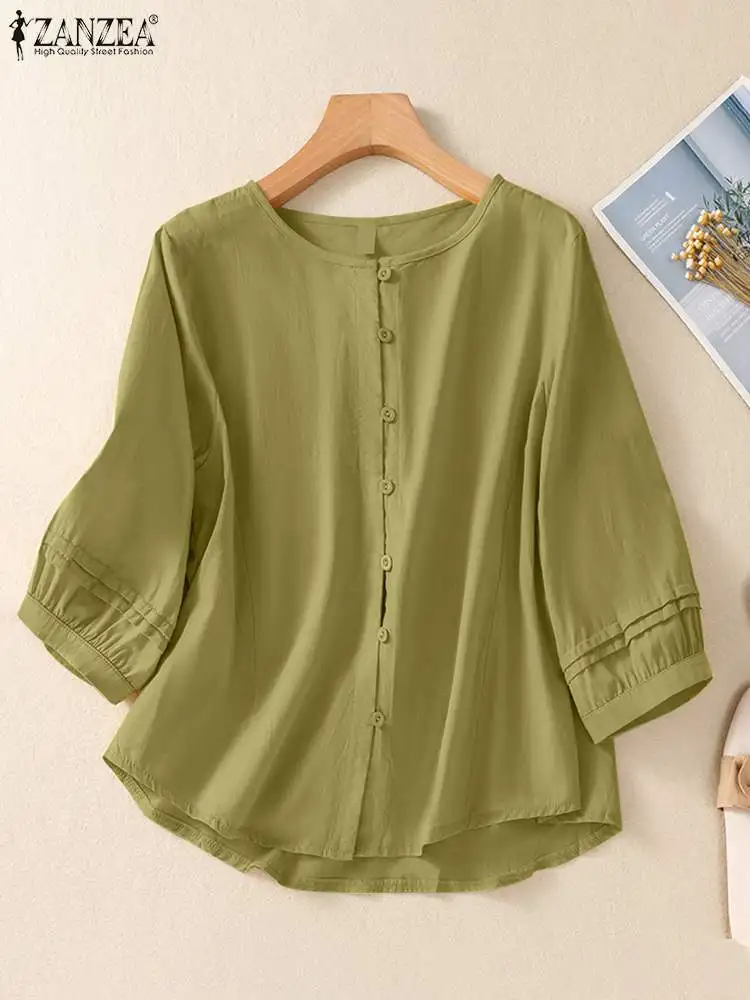 ZANZEA Woman Casual Solid Shirt Spring Vintage Button Blusas Mujer 3/4 Sleeve O Neck Tunic Tops Fashion OL Work Blouse Oversized