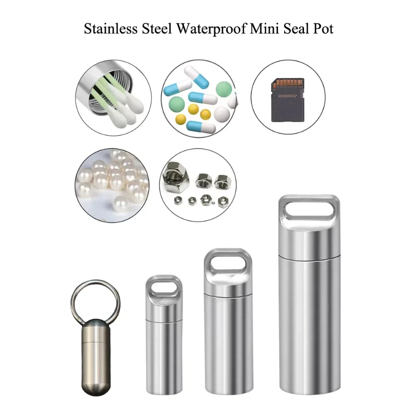 304 Stainless Steel Waterproof Mini Sealed Can Pill Portable Container Sealed Can Small Tool Parts Storage Bottle With Keychain