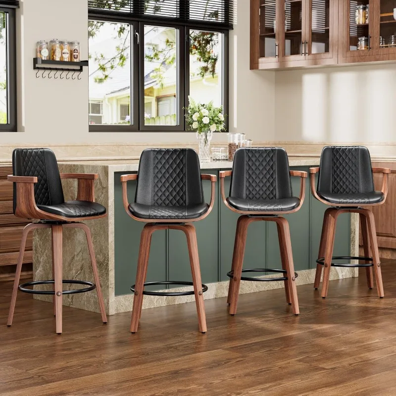 

4 Bar Stools Set of Bentwood Barstools with Wooden Arms Modern Counter Height Swivel Bar Chairs PU Leather