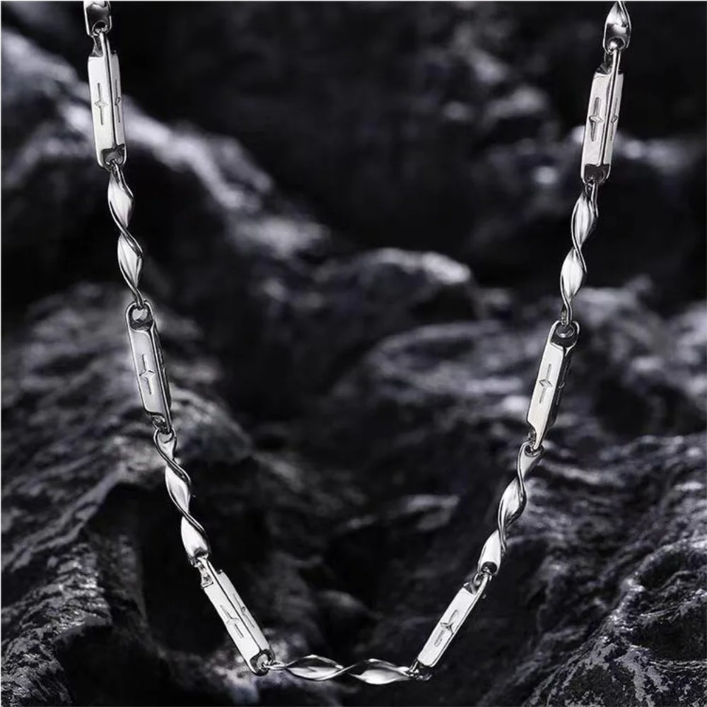 Hip Hop Cross Print Mobius Bamboo Chain Necklace Simple Men Silver Color Stainless Steel Jewelry Fashion Gift Accessories